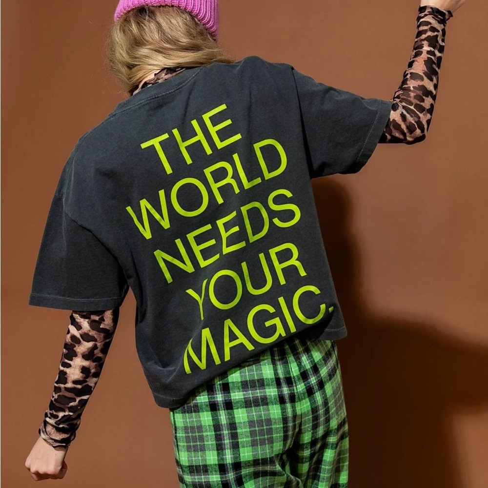 The World Needs Your Magic Crop Tee in Vintage Charcoal + Neon